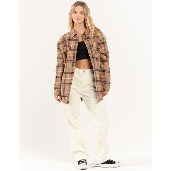 Fivestar General Flannel Jacket Shacket Women XS Plaid BROWN Retro Cozy Winter - Picture 1 of 14